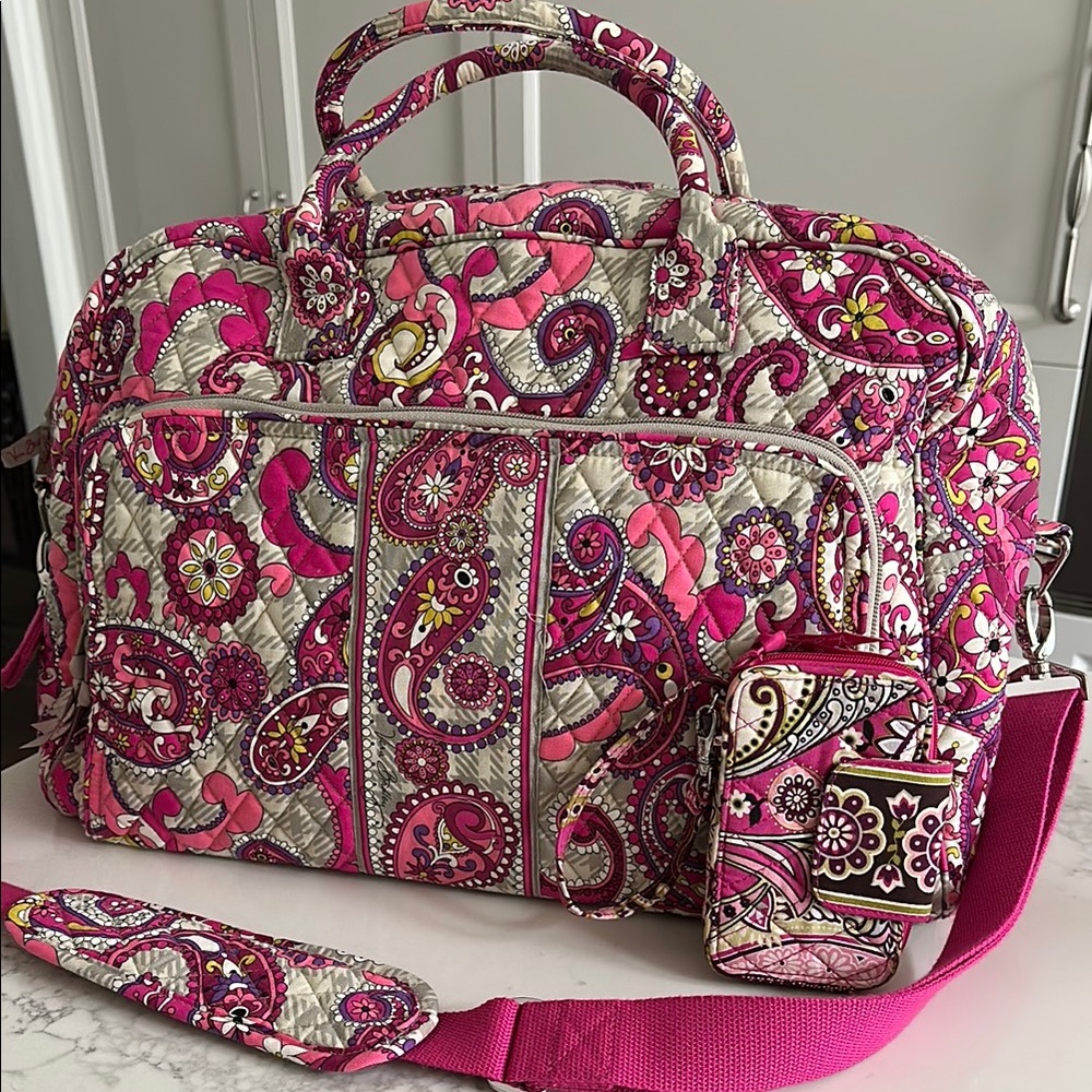 Vera Bradley Pink and Gray Paisley Travel Bag Set